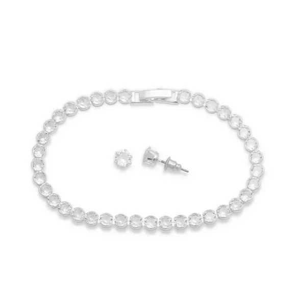 Silver Plated Cubic Zirconia Tennis Bracelet and Earring Set - Picture 3 of 8